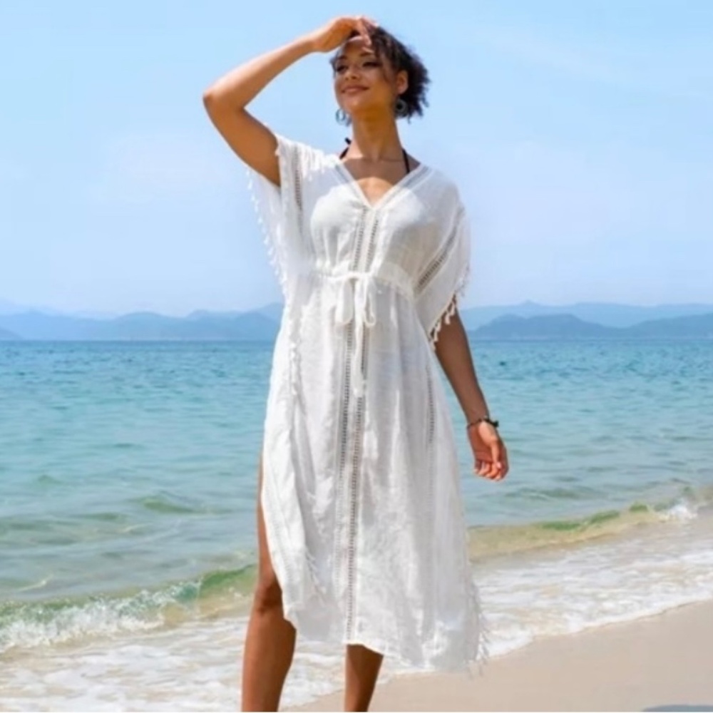 NWT Cupshe White Flowy Coverup with V-Neck and Flutter Sleeves